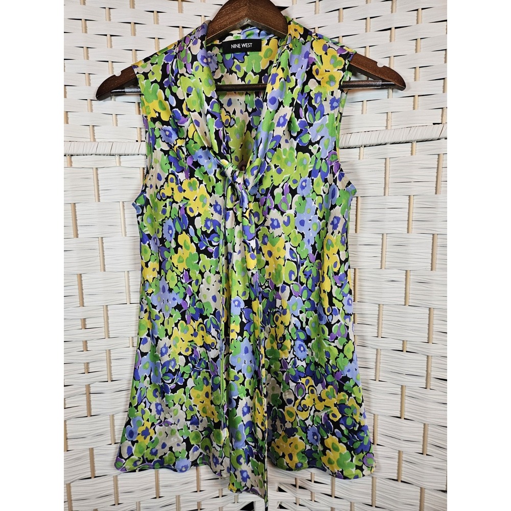 Nine West Womens Small Tie Neck Multi Floral Satin Career Office Romantic